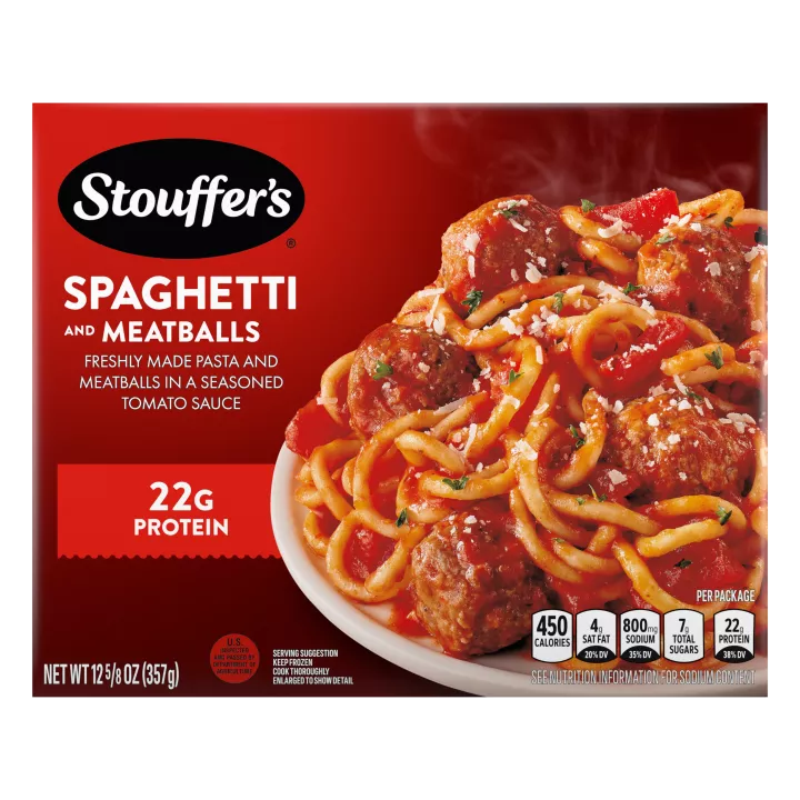 Caja de Spaghetti with Meatballs con un plato de espaguetis debajo del nombre del producto y del logo de STOUFFER'S.