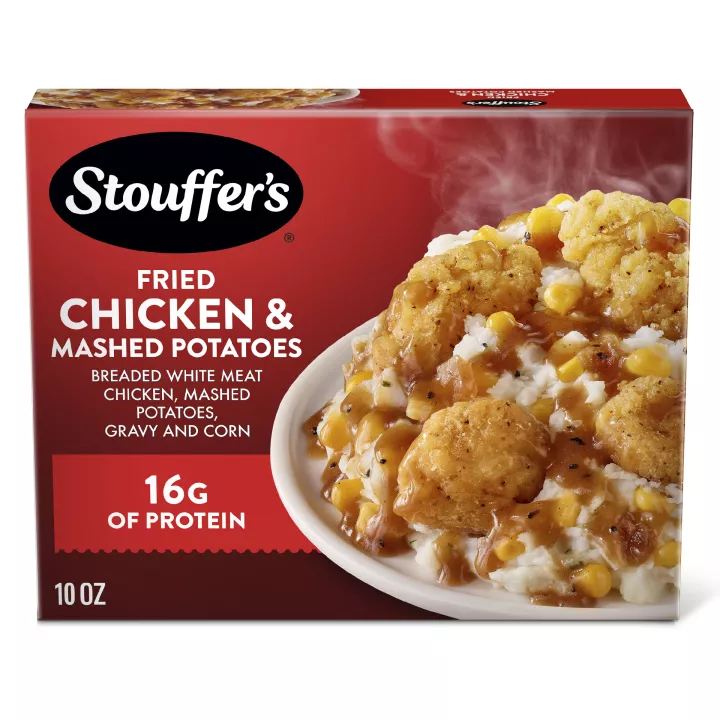 Front Center view of STOUFFER'S Frozen Meal Fried Chicken Mashed Potatoes 10oz Box NET WT 10 OZ (283g) product.