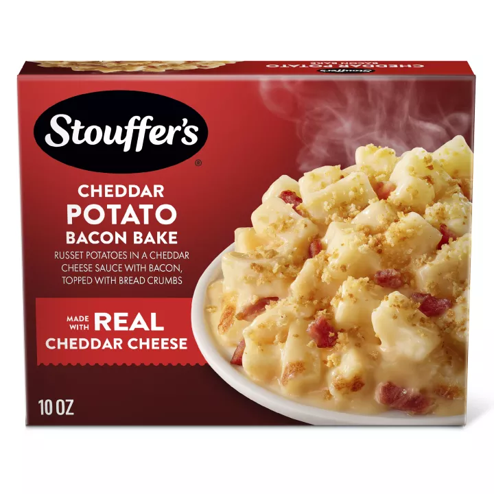 Box of Cheddar Potato Bake featuring a plate of crispy potatoes below the product name and STOUFFER'S logo.
