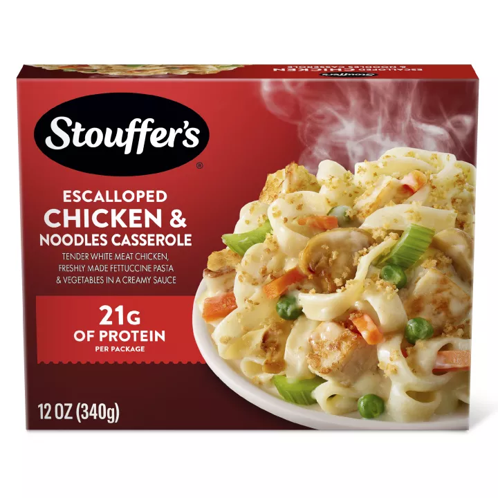 Front Center view of STOUFFER'S CLASSICS Escalloped Chicken & Noodles Frozen Entrée 12 oz. Box NET WT 12 OZ (340 g) product.