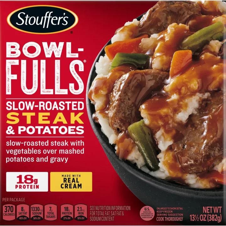 Box of Slow-Roasted Steak & Potatoes Bowl-FULLS with a bowl of steak and veggies beside the product name and logo.