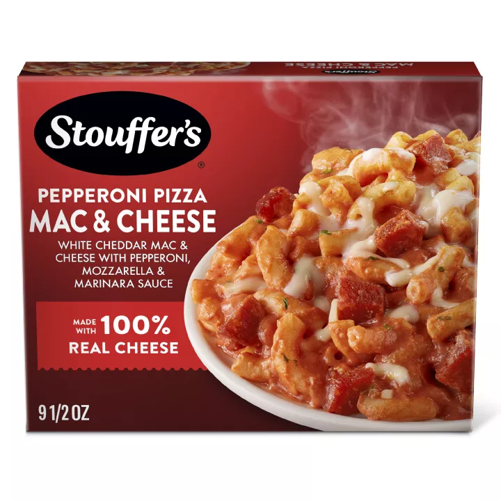 Front Center view of STOUFFER'S Frozen Meal Pepperoni Pizza Macaroni Cheese 9.5oz Box NET WT 9 1/2 OZ (269g) product.