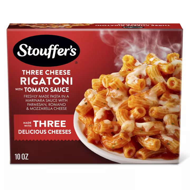 Front Center view of STOUFFER'S Frozen Meals Three Cheese Rigatoni with Tomato Sauce 10oz Box NET WT 10 OZ (283 g) product.