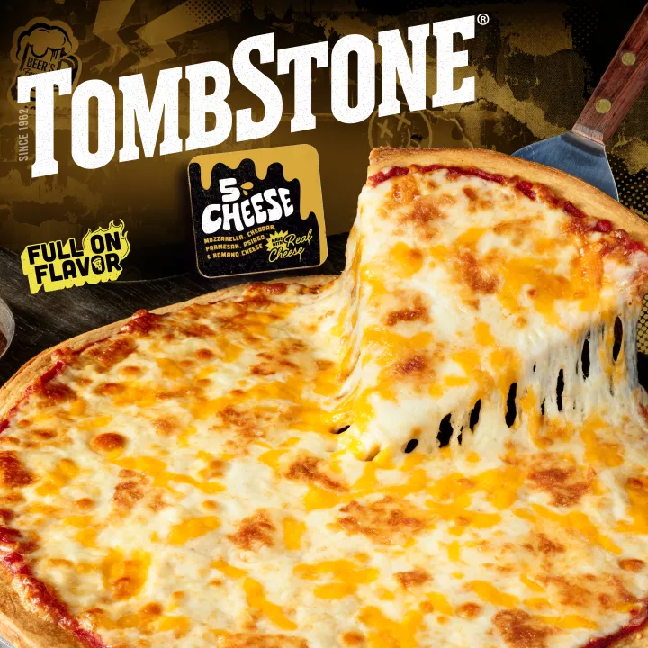 Package of original 5 cheese pizza with a yellow label and border, a spatula under a pizza, and the Tombstone logo.