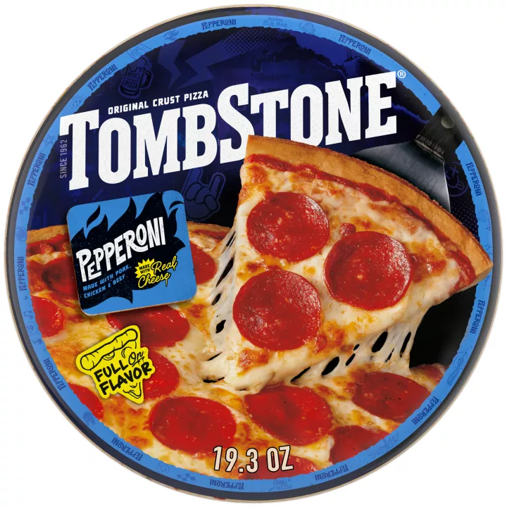 Package of original pepperoni pizza with a blue label and border, a spatula under a pizza, and the Tombstone logo with a Quarter Pound of Cheese and Bold and Zesty Sauce badge.
