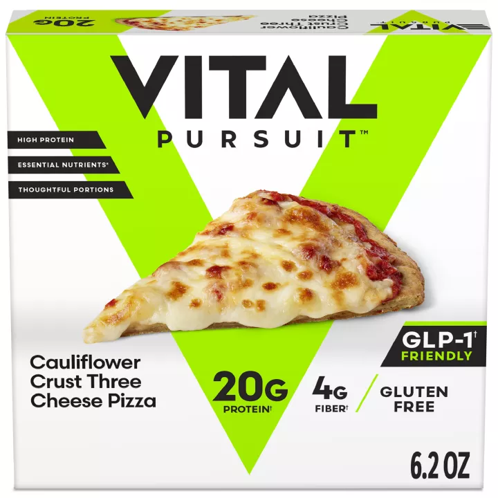 Front Center view of VITAL PURSUIT CAULIFLOWER CRUST 3 CHEESE PIZZA NET WT 6.2 oz (178 g) product.