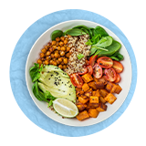 Overhead of a macro bowl, on a blue background.