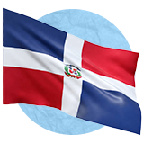 Dominican Republic flag waving in the wind on a blue background.