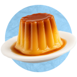 Close up of flan on a white plate, on a blue background.