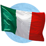 Italian flag waving in the wind on a blue background.