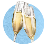 Close up of two champagne glasses, filled with champagne, clinking together, on a blue background. 