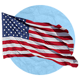 American flag waving in the wind on a blue background.