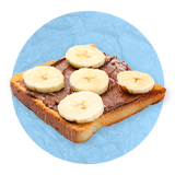 Close up of a piece of toast with chocolate spread and bananas, on a blue background.