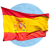 Spanish flag waving in the wind on a blue background.