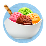 Close up of white bowl filled with four colorful scoops of ice cream, on a blue background.