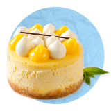 close up of a yellow pastry, on a blue background.