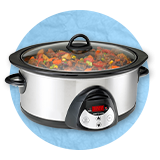 A slow cooker filled with a stew, on a blue background.