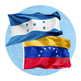Venezuelan and Honduran flags waving in the wind, on a blue background. 