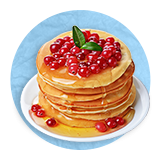 Close up of a stack of pancakes with berries and syrup on top, on a white plate with a blue background.