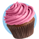 Close up of a chocolate cupcake with pink icing, on a blue background.