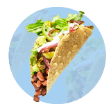 Un taco de carne con frijoles sobre un círculo azul.