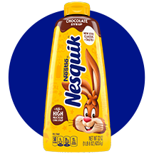 A bottle of NESQUIK chocolate syrup on a blue circle.