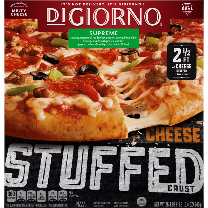 Box of DiGiorno Stuffed Crust Supreme Pizza with cheese stretching from pizza crust and Stuffed Crust labels.