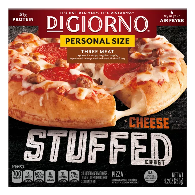 Box of DiGiorno Small Sized Stuffed Crust Three Meat Pizza cheese stretching from pizza crust and the Stuffed Crust logo.