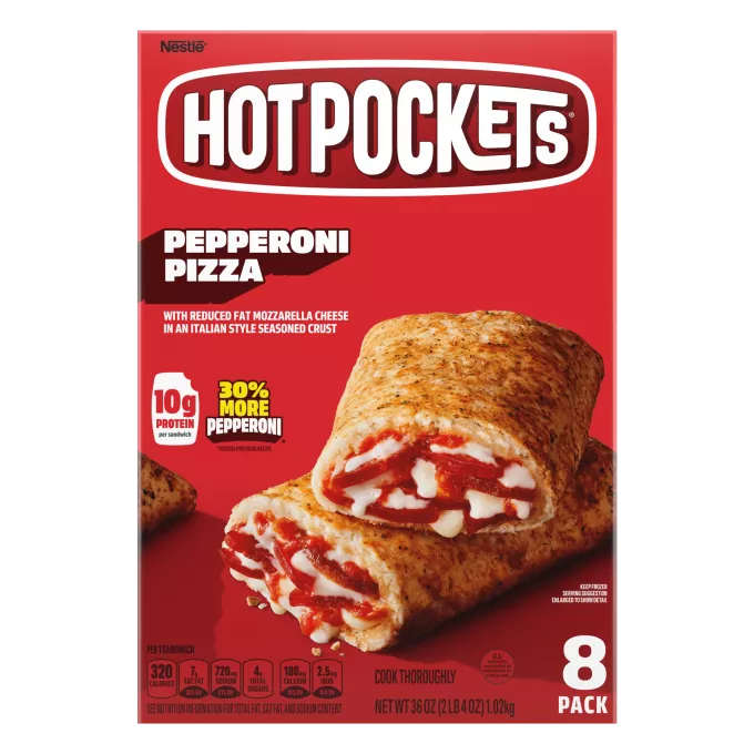 Caja de Pepperoni Pizza Hot Pockets® con el nombre y la imagen del producto y carteles de nuevo tamaño y paquete de 8.