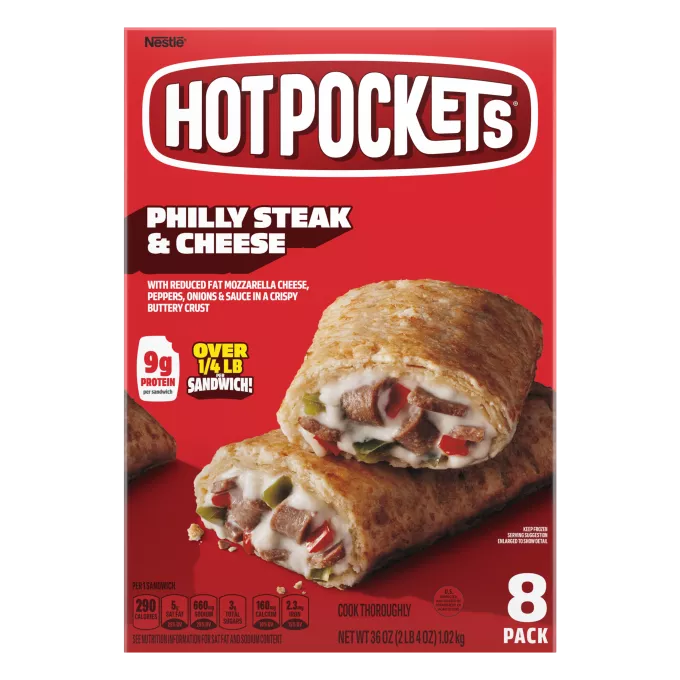Caja de Philly Steak & Cheese Hot Pockets® con el nombre y la imagen del producto y cartel de "Paquete de 8" en una esquina.