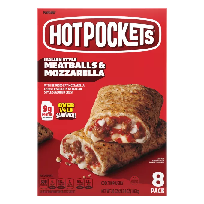 Caja de Italian Style Meatballs and Mozzarella Hot Pockets® que lee paquete de 8, 9g de proteína y ¼ LB por sándwich.