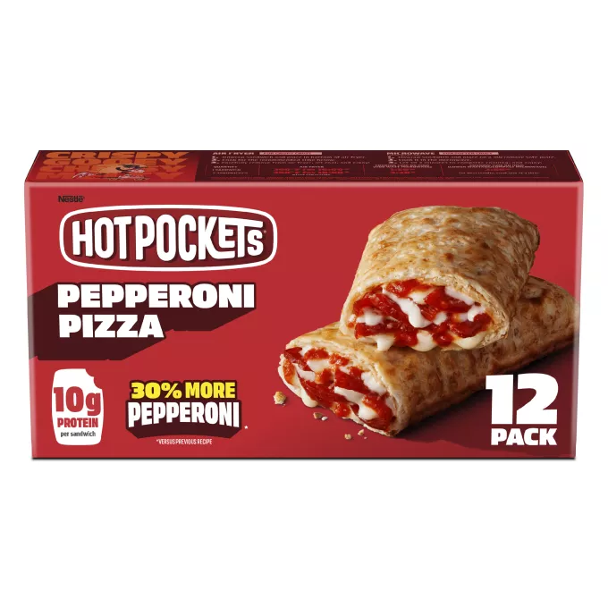 Vista frontal centrada de caja con peso neto de 54oz (1.53 kg) 3 lb 6 oz de 12 Hot Pockets sabor Pepperoni con masa crocante.
