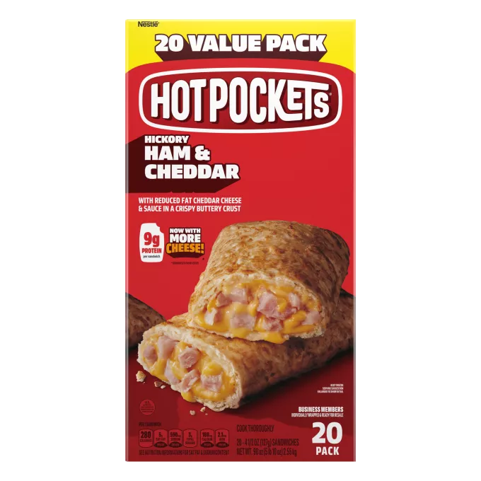 Caja de Hickory Ham & Cheddar Hot Pockets® con letreros de Paquete económico de 20 y Pruébalos en la freidora de aire.