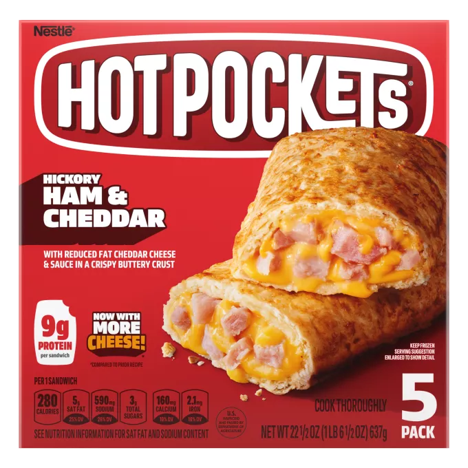 Caja de Hickory Ham & Cheddar Hot Pockets® con el nombre y la imagen del producto y "Paquete de 5" en una esquina.