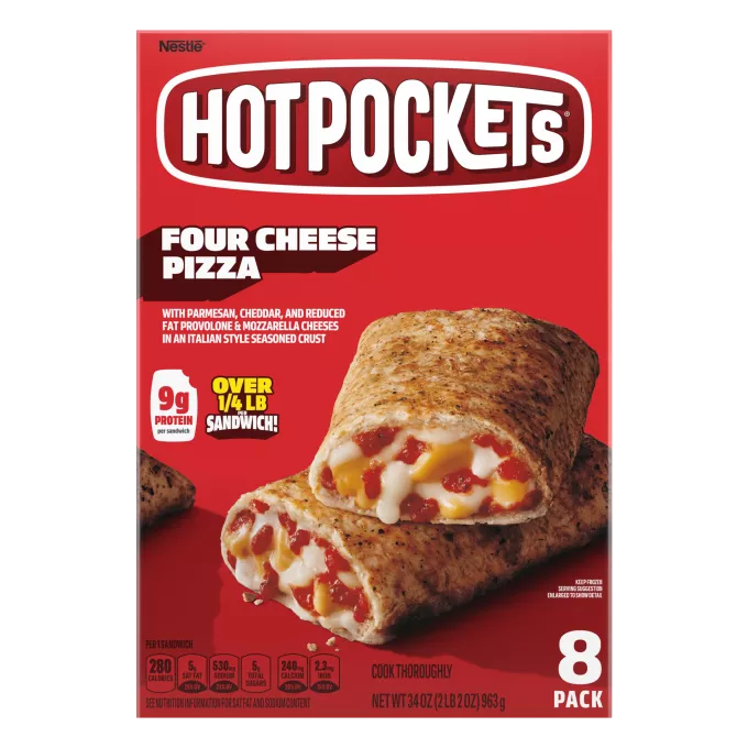 Caja de Four Cheese Pizza Hot Pockets® con el nombre y la imagen del producto y carteles de nuevo tamaño y paquete de 8.