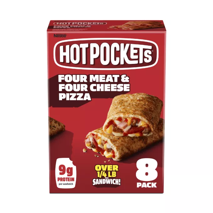 Caja de Four Meat & Four Cheese Pizza Hot Pockets® que lee paq.8, 9g proteína, hecho con queso real (+ de ¼lb por sándwich) .