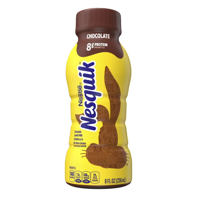 Una botella amarilla con tapa marrón y la silueta marón de la cabeza del conejo de Nesquik.