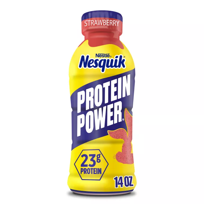 Una botella amarilla con tapa roja y una etiqueta que dice "PROTEIN POWER" y una silueta roja de la cabeza del conejo de Nesquik.