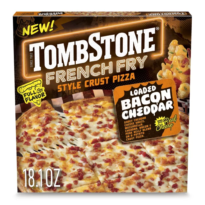 Front Center view of Tombstone French Fry Style Crust Loaded Bacon Cheddar Frozen Pizza 18.1 oz Box NET WT 18.1 oz (1 lb 2.1 oz) 515g product.
