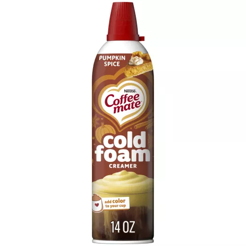 Front Center view of NESTLE COFFEE MATE Foam Creamer Pumpkin 14oz Bottle NET WT 14 oz (396 g) product.