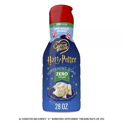 Front Center view of NESTLE COFFEE MATE Liquid Creamer Zero Sugar White Chocolate Peppermint Toads 28floz Bottle 28 FL OZ (1.75 PT) 828 mL product.