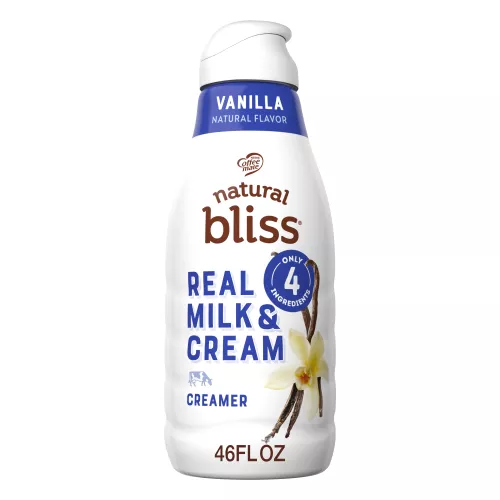 White bottle of natural bliss Vanilla Creamer with a blue label, vanilla beans image and Only 4 Ingredients badge.