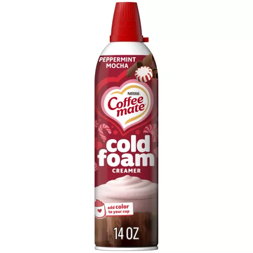 Front Center view of NESTLE COFFEE MATE Foam Creamer Peppermint 14oz Bottle 14 oz (396 g) product.