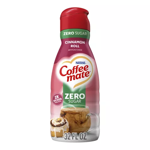 Bottle of Zero Sugar Cinnamon Roll creamer with cinnamon roll with icing and 2x Richer Than Milk label.