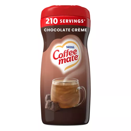 A brown canister of Creamy Chocolate Powder creamer with a stack of fudge brownies under the Coffee mate logo.