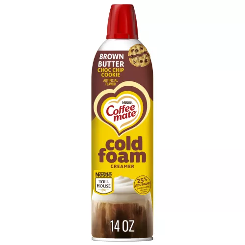 Front Center view of Coffee mate® Nestlé Toll House Brown Butter Chocolate Chip Cookie Cold Foam Creamer, 14 oz Can NET WT 14 oz (396 g) product.