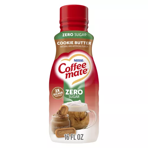 Front Center view of NESTLE COFFEE MATE Zero Sugar Liquid Creamer Cookie Butter 16floz Bottle 16 FL OZ (1 PT) 473 mL product.