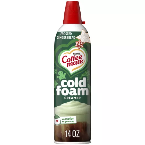 Front Center view of NESTLE COFFEE MATE Foam Creamer Gingerbread 14oz Bottle NET WT 14 oz (396 g) product.