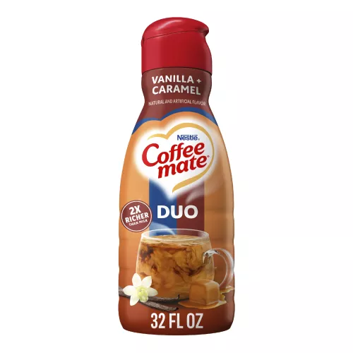 A red bottle of Vanilla Caramel creamer with a coffee mug and melted caramel under the Coffee mate logo.
