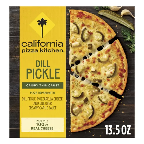 Front Center view of California Pizza Kitchen Crispy Thin Crust Pickle Frozen Pizza 12 in 13.5 oz Box NET WT 13.5 oz (383 g) product.